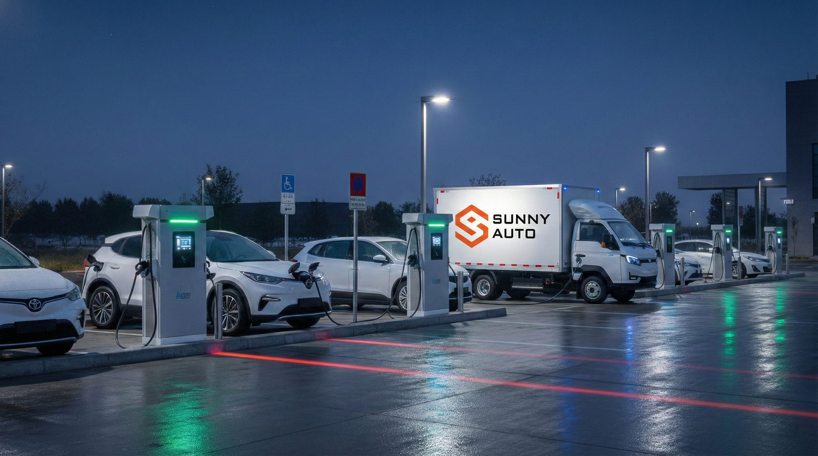 Electric truck and charging station under a solar canopy