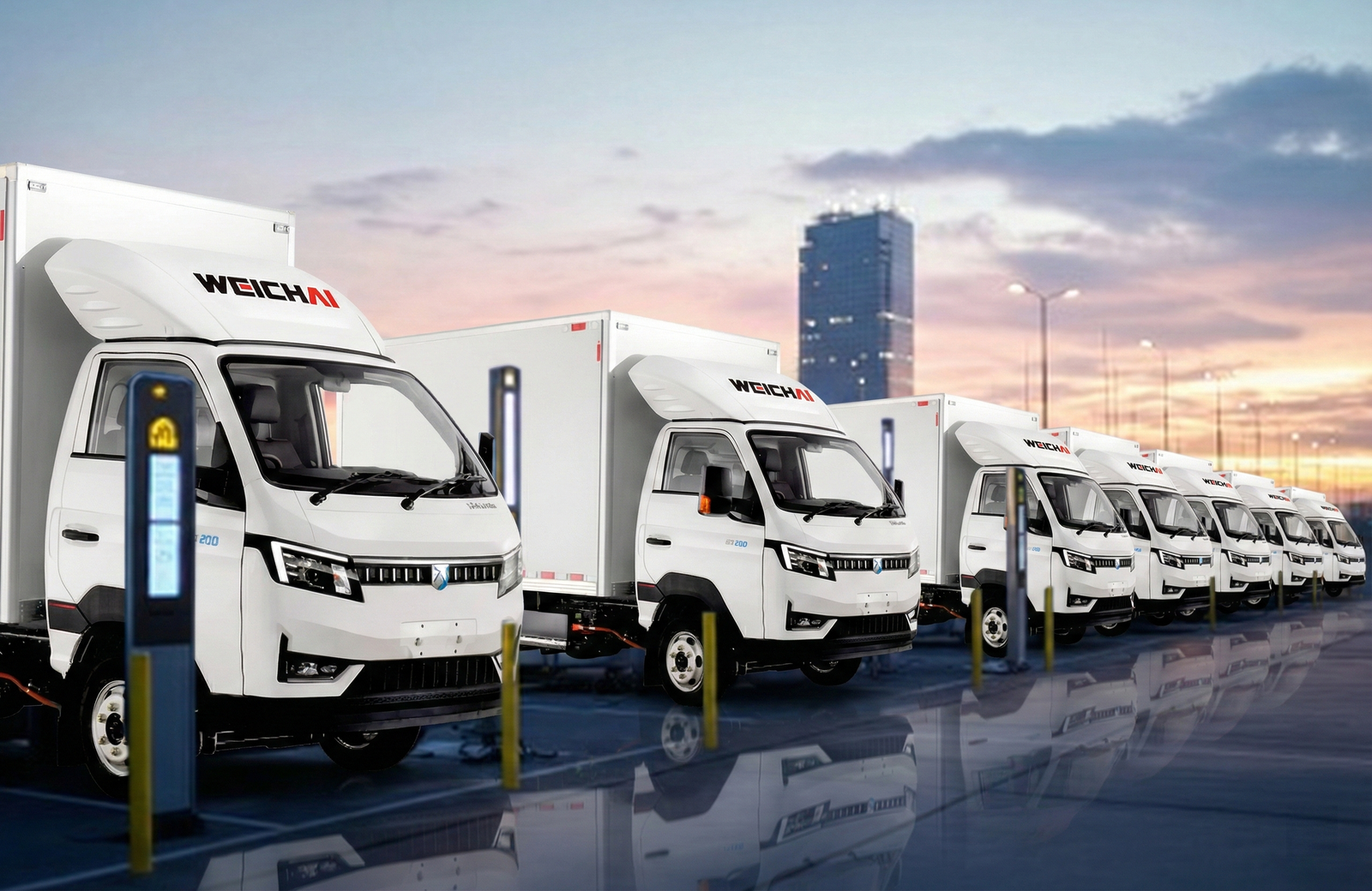 Electric trucks at a charging station