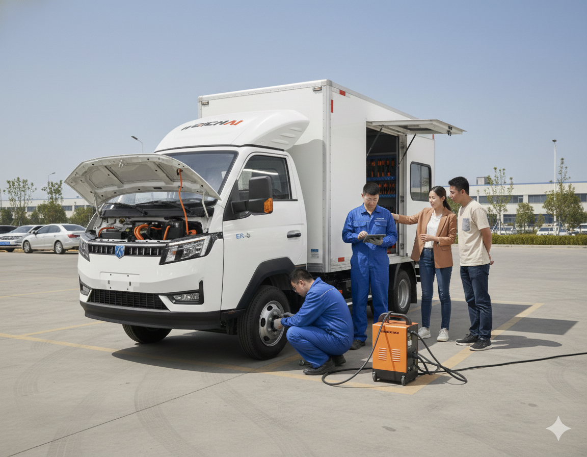Team inspecting an electric truck on site
