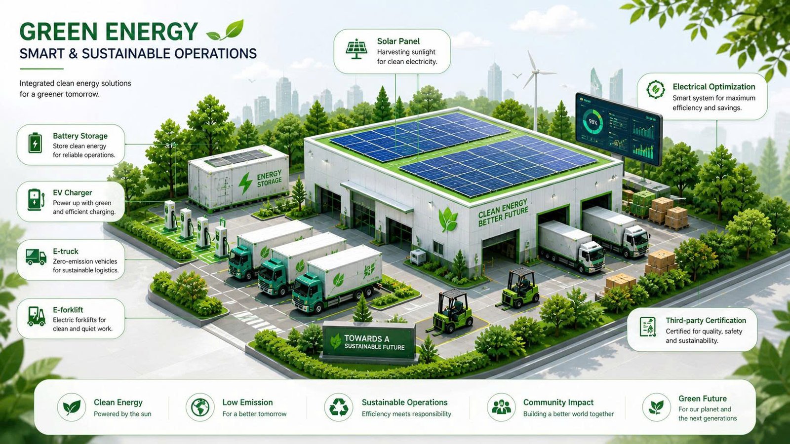 Isometric diagram of warehouse, solar, chargers, and electric fleet